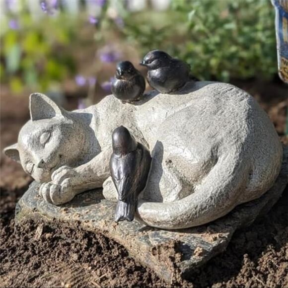 Sleeping Cat Garden Statues Outdoor- 12"Sparrows On Cat Figurine Memorial Statue - Picture 7 of 7
